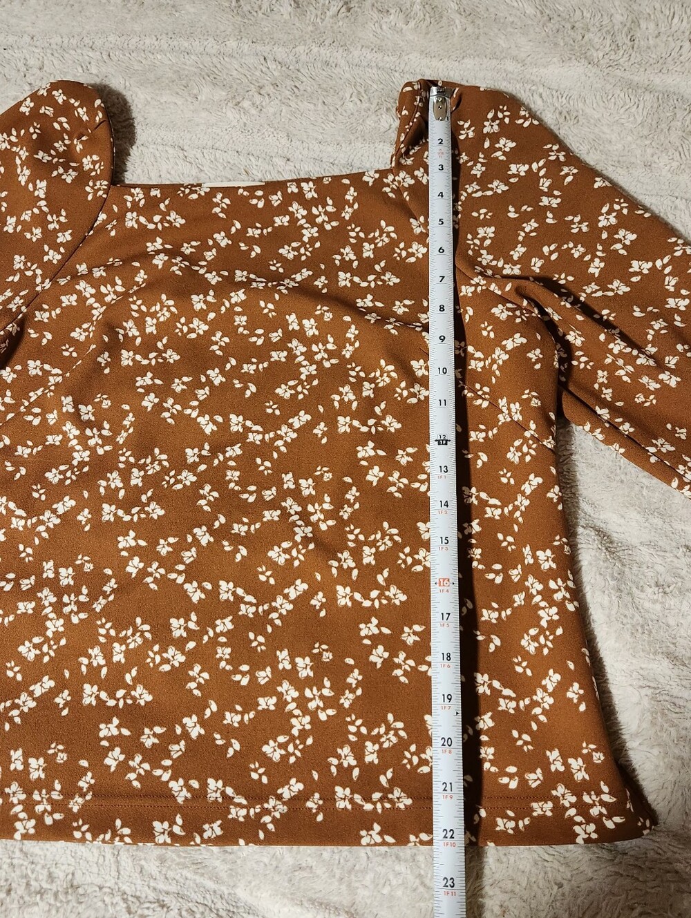Melloday Floral Blouse Sz M Earth Tone Rust Brown Square Neck Puff Sleeve Boho - Picture 9 of 9